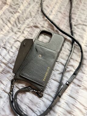 Bandolier Black Pebbled Leather Crossbody Phone Case with Gold Logo